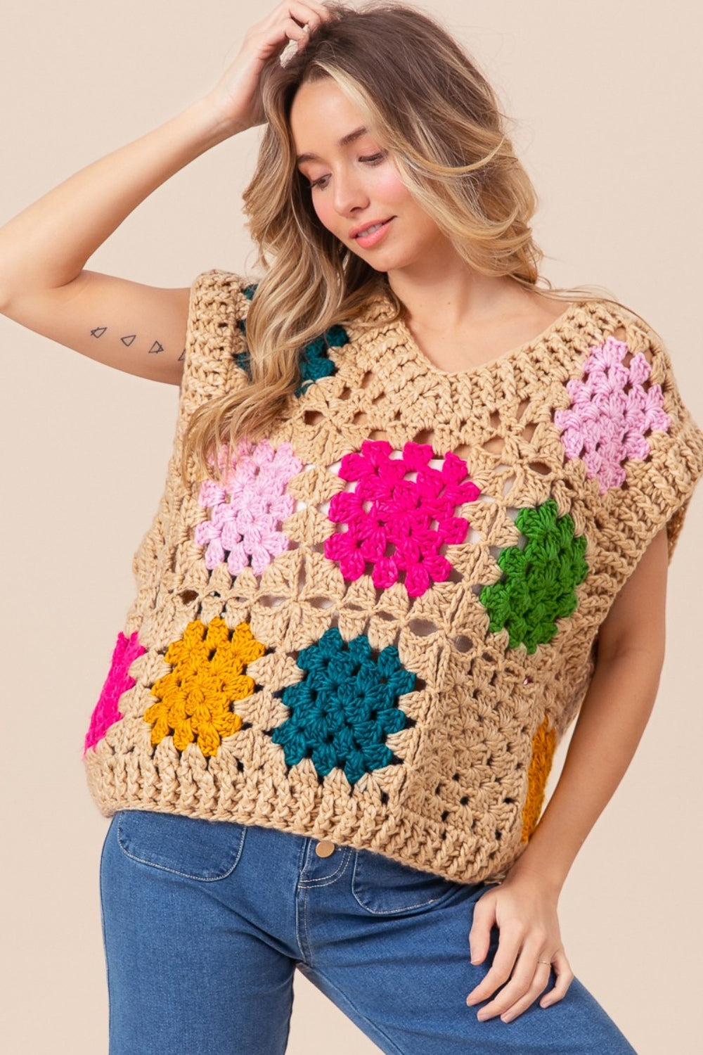 BiBi Granny Square Openwork Sweater Vest