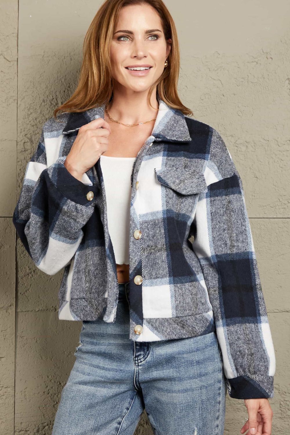 Plaid Button Front Dropped Shoulder Collared Jacket