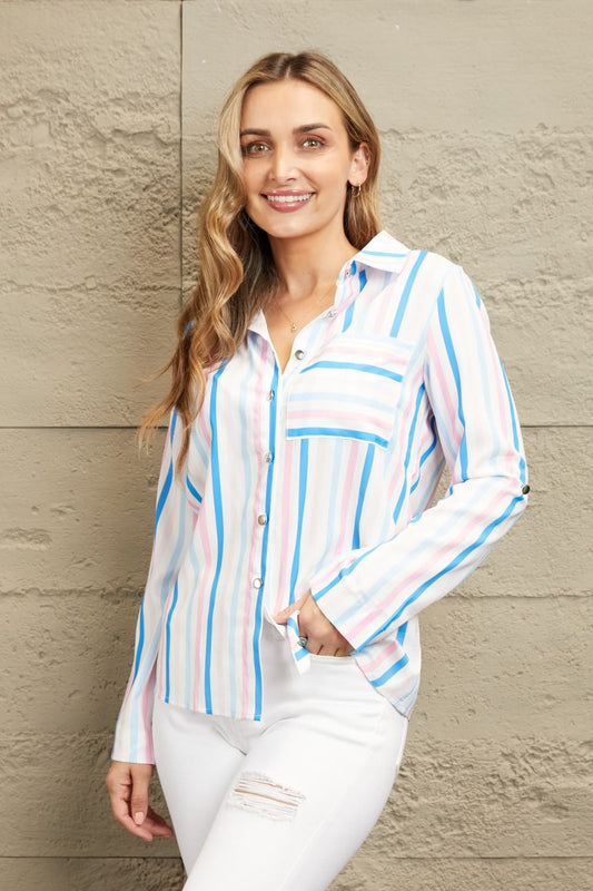 Double Take Striped Long Sleeve Collared Shirt