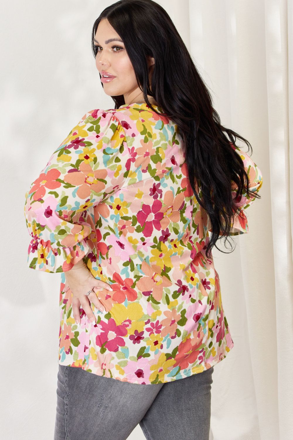 Celeste Full Size Floral Flounce Sleeve Top