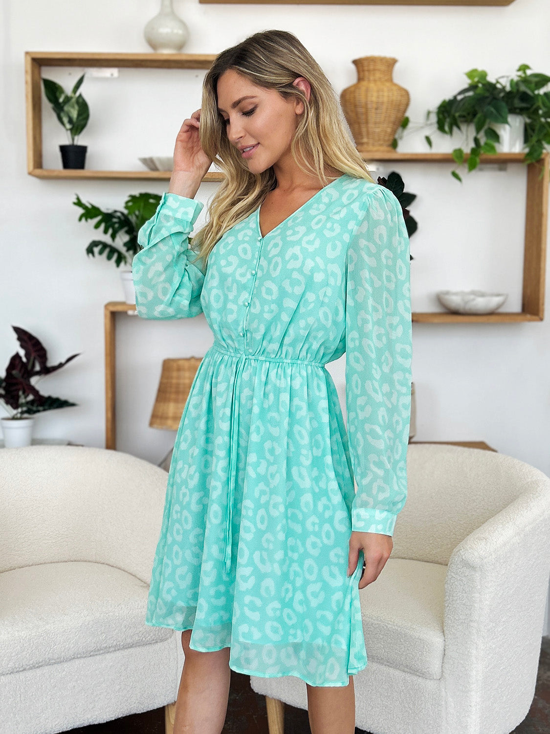 Double Take Full Size Printed Ruched V-Neck Long Sleeve Dress