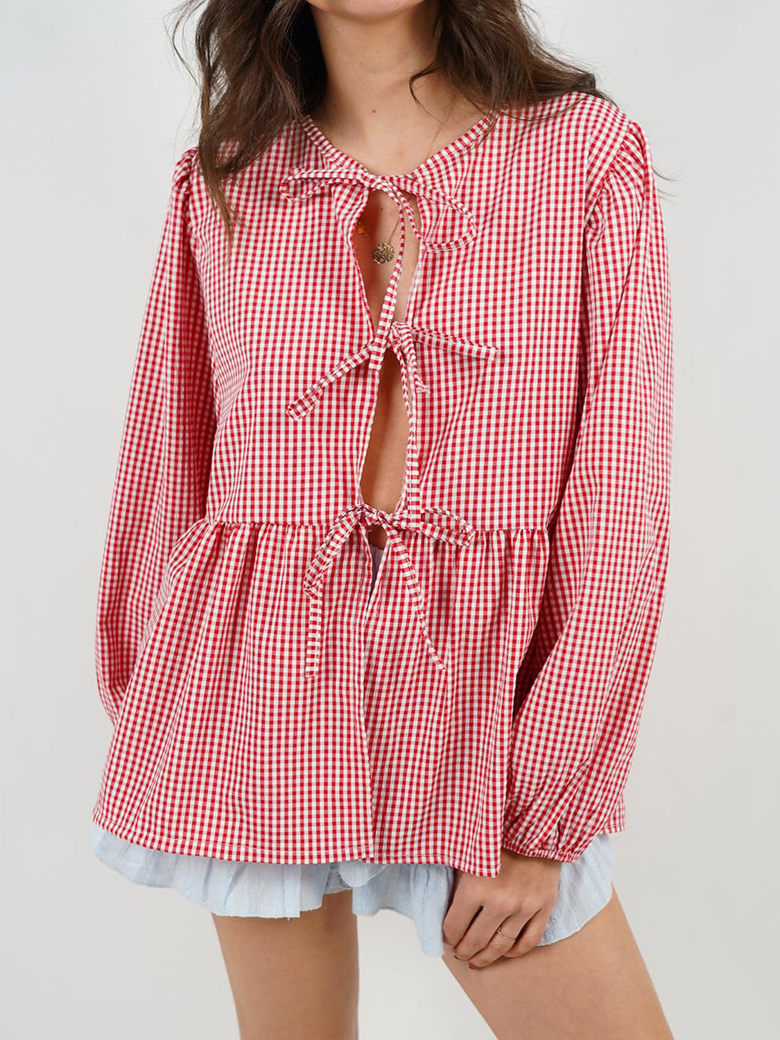 Tied Round Neck Long Sleeve Blouse