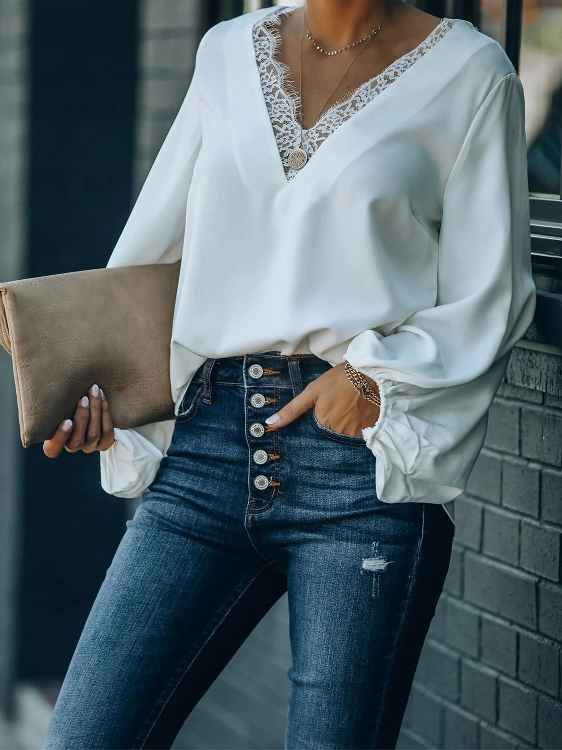 Lace Detail V-Neck Long Sleeve Blouse